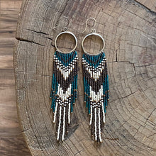 Load image into Gallery viewer, Sterling Silver Hoop Danglers  with Brown Cream and Teal Beaded Fringe