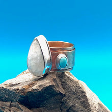 Load image into Gallery viewer, Moonstone Teardrop Brass Sterling Silver and Turquoise Rustic Ring