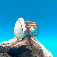 Load image into Gallery viewer, Moonstone Teardrop Brass Sterling Silver and Turquoise Rustic Ring