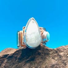Load image into Gallery viewer, Moonstone Teardrop Brass Sterling Silver and Turquoise Rustic Ring