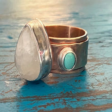 Load image into Gallery viewer, Moonstone Teardrop Brass Sterling Silver and Turquoise Rustic Ring
