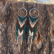Load image into Gallery viewer, Sterling Silver Hoop Danglers  with Brown Cream and Teal Beaded Fringe