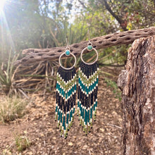 Load image into Gallery viewer, Sterling Silver and Turquoise Stone Beaded Danglers with Black Teal and Green Fringe