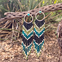 Load image into Gallery viewer, Sterling Silver and Turquoise Stone Beaded Danglers with Black Teal and Green Fringe