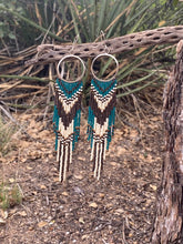 Load image into Gallery viewer, Sterling Silver Hoop Danglers  with Brown Cream and Teal Beaded Fringe