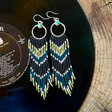 Load image into Gallery viewer, Sterling Silver and Turquoise Stone Beaded Danglers with Black Teal and Green Fringe