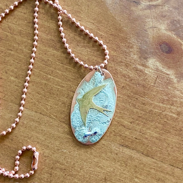 Mixed Metal Necklace with Copper Chain- Swallow Flight