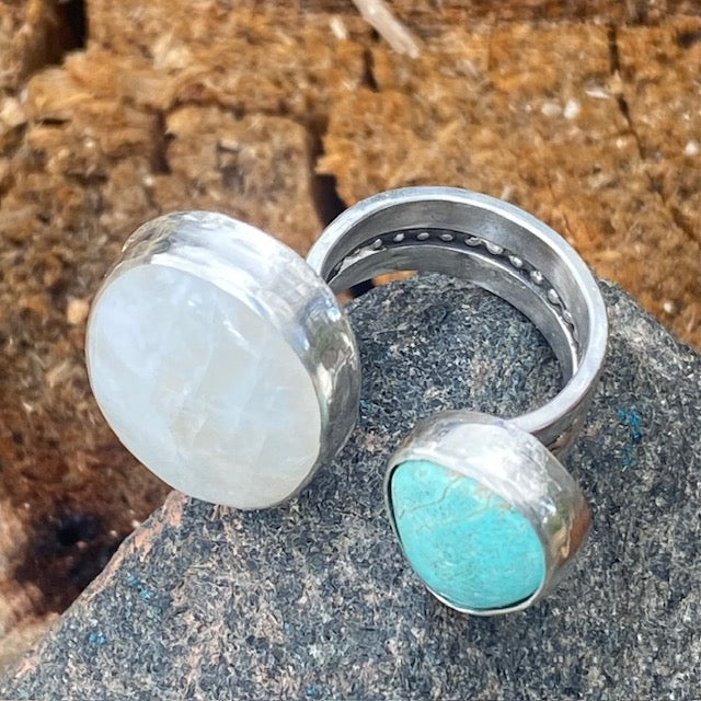 Moonstone and Turquoise  Sterling Silver Chunky Dual Adjustable Ring