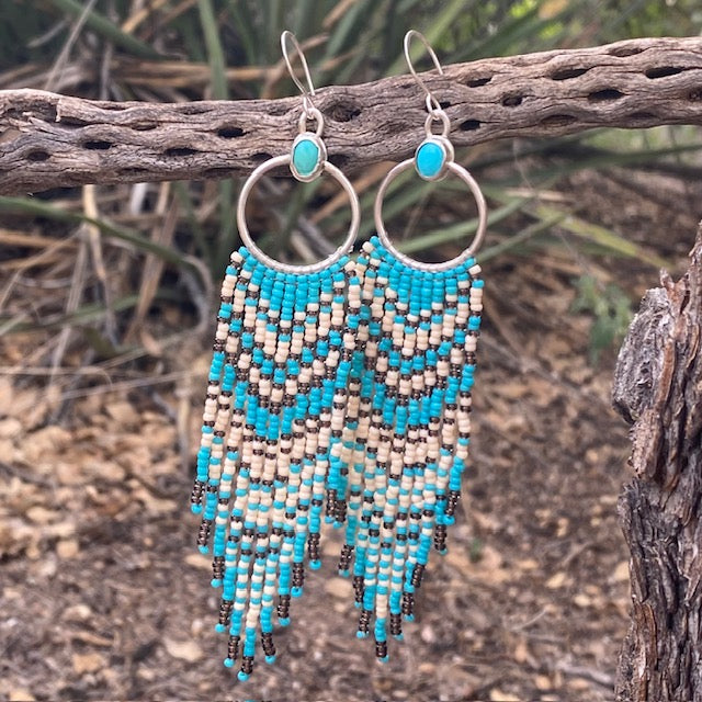 Sterling Silver Beaded Fringe Earrings with Turquoise- Blue Bayou